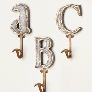 Anthropologie Metallic Silver and Gold Iron Alphabet “E” Wall Hook